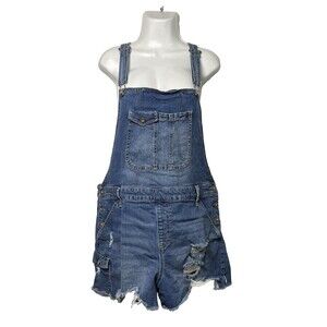 No Boundaries Women Distressed Denim Overalls Shorts XXXL 21 Shortalls Bibs Blue